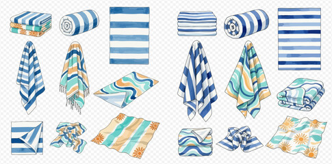 A collection of watercolor illustrations depicting various beach towels in different patterns and arrangements, including striped, wavy, and abstract designs, suitable for summer and vacation themes. © studio