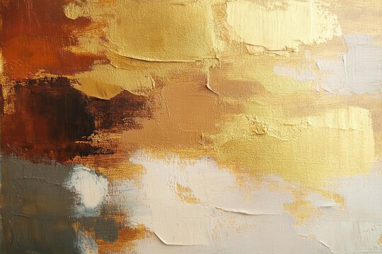 textured abstract painting with metallic gold and warm ochre blocks, rust and brown strokes, creamy white and muted teal accents conveying calm warmth