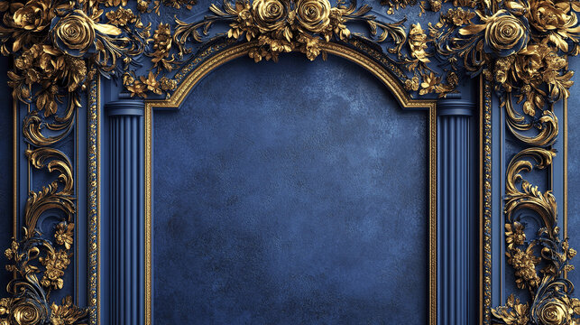 Ornate golden floral frame with vibrant blue textured backdrop, featuring detailed roses and leaves, creating elegant and luxurious decorative border design
