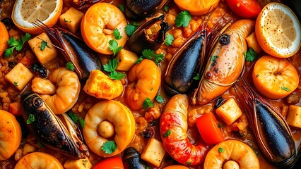 Spanish seafood paella closeup with vibrant culinary presentation.