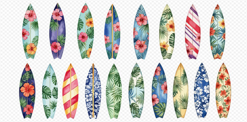 Vibrant watercolor surfboards featuring various tropical floral and leaf patterns, perfect for summer and beach themes.