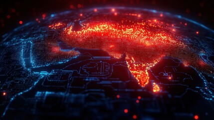 Futuristic digital globe focused on South Asia and India, glowing red data hotspots over land with blue circuit-like network lines on a dark surface, intense dramatic mood