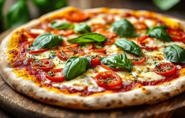 Rustic margherita pizza on a wooden board with thin golden crust, tomato sauce, melted mozzarella, cherry tomato slices and fresh basil, warm and appetizing