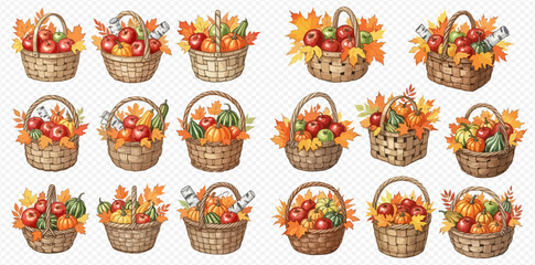 Collection of watercolor autumn harvest baskets filled with apples, pumpkins, and colorful fall leaves on a white background.