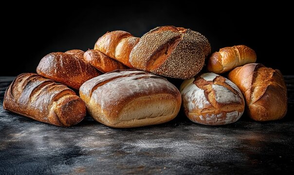 assortment of artisan bread loaves and rolls on a dark surface, crusty golden loaves dusted with flour, warm inviting rustic bakery scene - Powered by Adobe