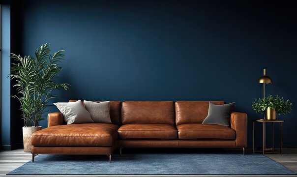 Cozy modern living room with brown leather sectional chaise, deep blue wall, blue rug, potted plants, gold floor lamp, side table and gray throw pillows, calm inviting atmosphere