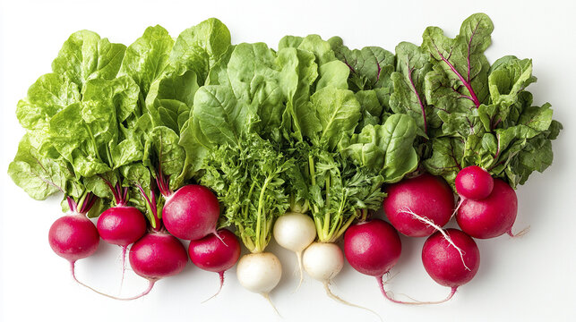 Fresh radish and turnip vegetables with leafy green tops arranged on white background, vibrant colors and natural texture evoke healthy and organic food feeling