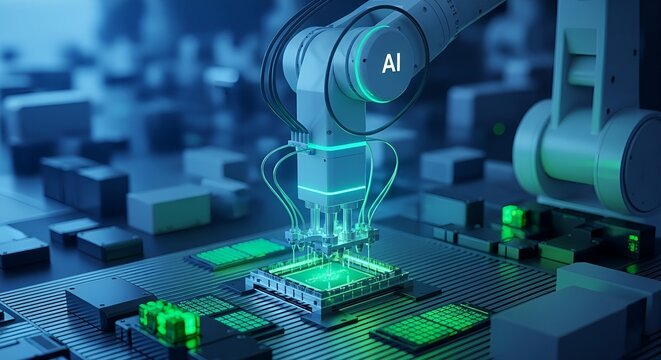 Experience the future with advanced AI robotics assembling cutting edge technology. Perfect for illustrating innovation, automated manufacturing, and the digital revolution. A modern, sleek, and futur