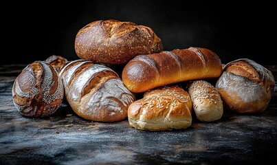 Assortment of freshly baked artisan breads on a dark surface, crusty sourdough loaves, golden sesame rolls and rustic baguette evoking warmth and comfort