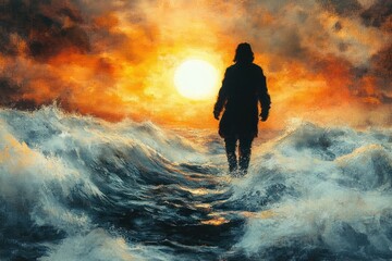 Obraz premium lone silhouette walking across turbulent ocean waves toward a glowing sunset under a fiery orange sky, evoking solitude and determination