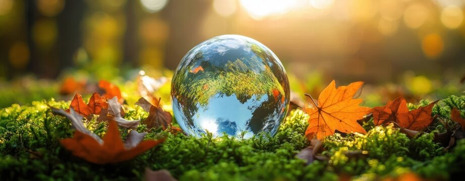 glass sphere on green moss surrounded by orange autumn leaves reflecting trees and sky in warm golden light, peaceful and serene mood