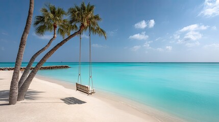 Tropical Beach Scene with Swing and Turquoise Ocean Water