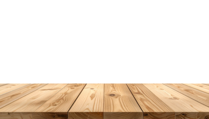 Wooden tabletop with light and dark grain under a vast, empty black backdrop