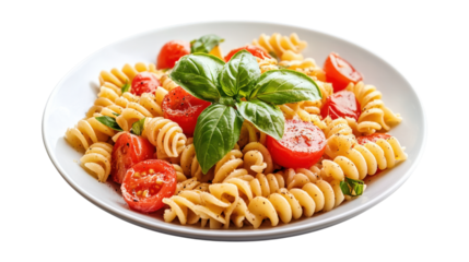 Fusilli pasta with cherry tomatoes and basil isolated on a transparent background