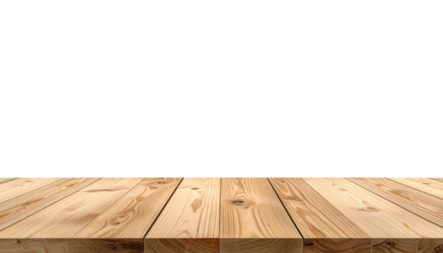 Wooden tabletop with light and dark grain under a vast, empty black backdrop
