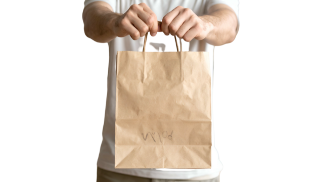 A person in white shirt holds out a plain brown paper shopping bag against a black background - Powered by Adobe