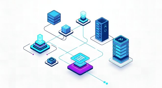 Modern technology servers with AI connected in a data network. Great for representing cloud computing, data storage, and artificial intelligence concepts in a visually appealing way.