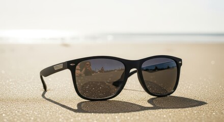 Black framed protective eyewear rests on sunlit, sparkling sand near the ocean shore