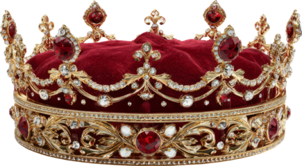 Regal Elegance: Opulent Gold Crown Adorned with Ruby and Diamond Jewels on Velvet Cushion