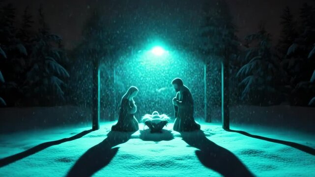 Modern nativity scene with mary and joseph in a snowy winter forest at night. A surreal cyan light illuminates the holy family and baby jesus in the manger during a snowstorm