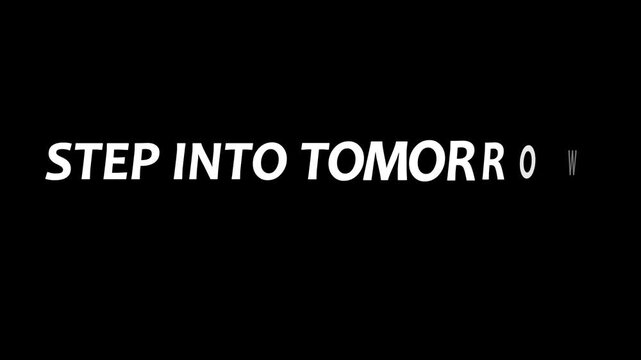 Step into tomorrow text displayed in bold white font on a solid black background centered screen - Powered by Adobe