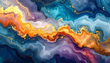 Abstract art Vivid swirls of blue, purple, orange, & gold paint blend in a mesmerizing pattern across the canvas