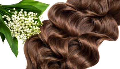 Lush brown wavy hair next to a sprig of white delicate flowers with green leaves