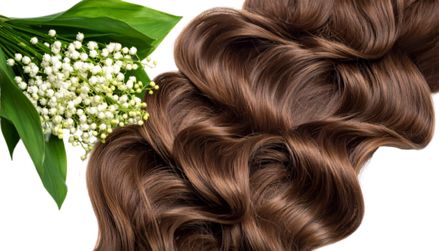 Lush brown wavy hair next to a sprig of white delicate flowers with green leaves