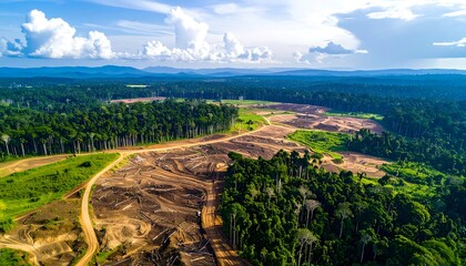 Aerial view of deforestation; clearing encroaches dense forest under a bright, cloudy sky, distant hills