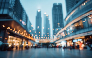 Fototapeta premium A blurry abstract view of a shopping mall in Shenzhen, China, with skyscrapers and a bokeh background. High quality. High quality