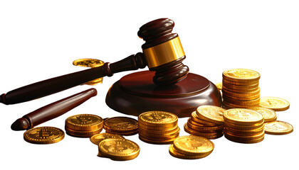 Gavel rests on its base alongside stacks and scattered digital currency, symbolic of legal decisions