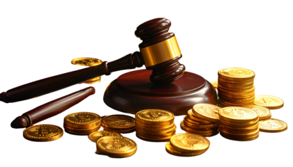 Gavel rests on its base alongside stacks and scattered digital currency, symbolic of legal decisions