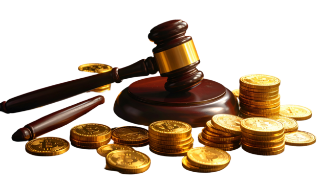 Gavel rests on its base alongside stacks and scattered digital currency, symbolic of legal decisions