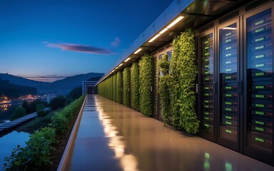 Illustration of data center with vertical garden at night in portugal