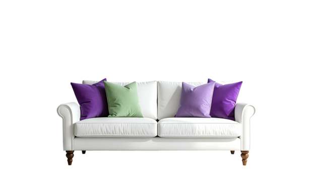 Elegant white sofa with rolled arms, adorned with colorful pillows, against a black background
