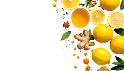 Overhead shot of citrus fruits, tea, and ginger with dark background
