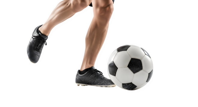 Soccer player kicking ball isolated on transparent background, a symbol of sport and athleticism - Powered by Adobe