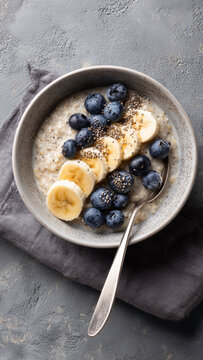
Breakfast oatmeal porridge with banana, blueberries, chia seeds on grey concrete background. Table top view of healthy food for weight loss, clean eating, vegan and vegetarian diet