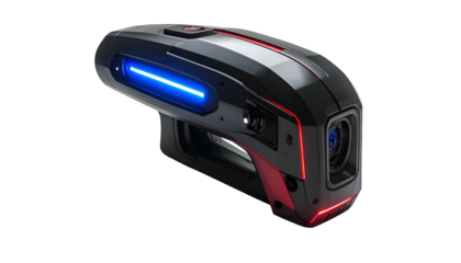 Futuristic handheld device featuring a camera, lights, and a textured body