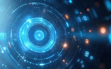 glowing blue circular digital interface with concentric rings, radial circuit lines and floating cyan and orange icons, evoking a futuristic high-tech immersive energy