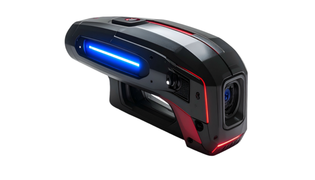 Futuristic handheld device featuring a camera, lights, and a textured body