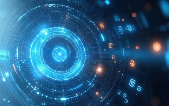 glowing blue circular digital interface with concentric rings, radial circuit lines and floating cyan and orange icons, evoking a futuristic high-tech immersive energy - Powered by Adobe