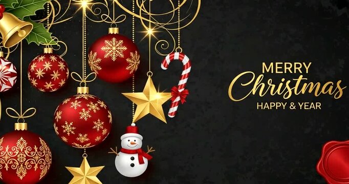Merry christmas and happy new year greeting card with ornaments on black background