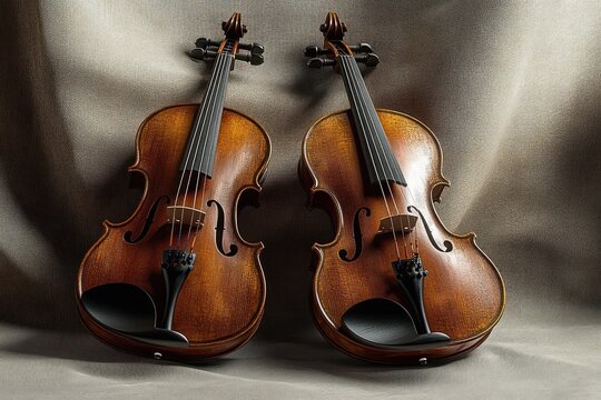 Two polished wooden violins resting side by side on draped fabric, bathed in warm light, evoking a serene, nostalgic and elegant musical atmosphere
