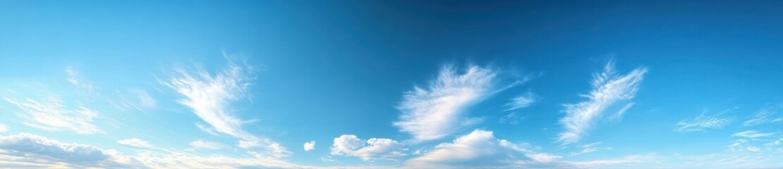 Obraz premium expansive blue sky with wispy white clouds on a bright peaceful day, serene and uplifting panoramic cloudscape