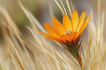 solitary orange wildflower blooming among dry golden grasses, serene delicate close-up