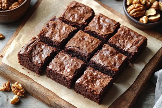 Nine fudgy chocolate brownies on parchment on a wooden board with scattered walnuts and bowls, warm cozy homemade indulgence