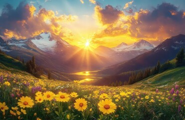 Obraz premium golden sunrise over an alpine valley with snow-capped mountains, reflective lake, wildflower meadow of yellow daisies and purple blooms, serene radiant atmosphere