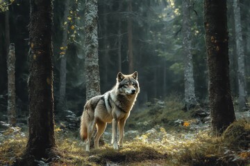 Obraz premium Solitary wolf standing on a mossy forest floor among tall tree trunks, bathed in dappled golden sunlight, calm and watchful in a misty serene woodland