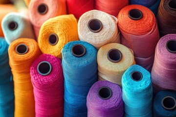 vibrant stacked spools of colorful sewing thread in close-up, evoking creativity and cheerful craft studio atmosphere